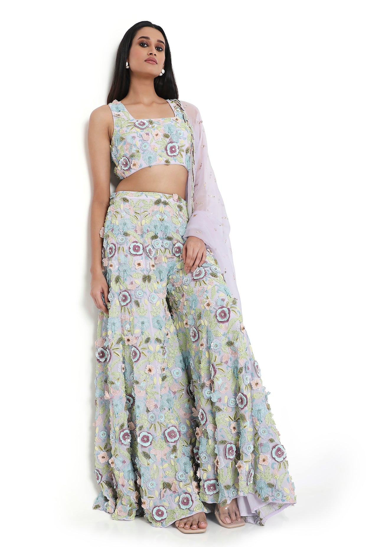 Zinnia Lavender Embroidered Choli And Sharara With Dupatta