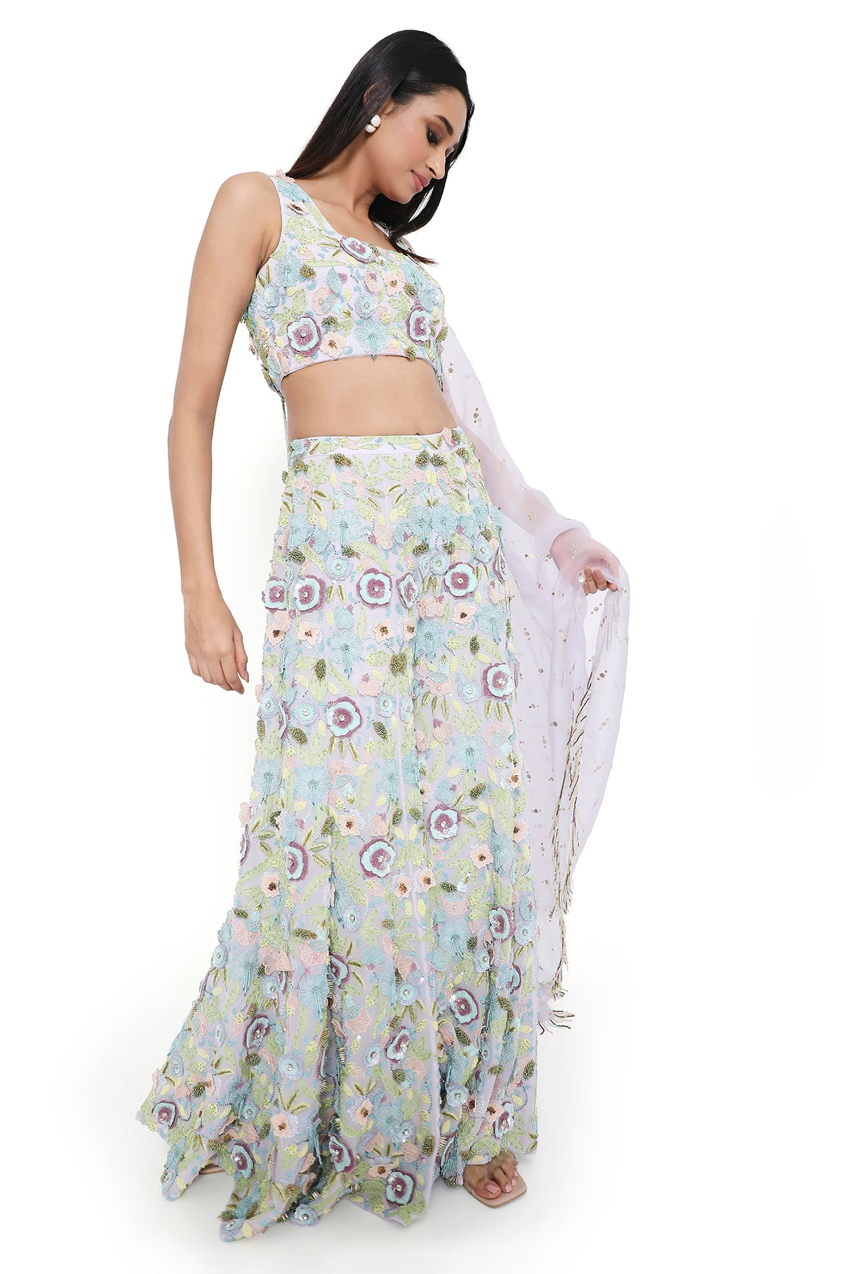 Zinnia Lavender Embroidered Choli And Sharara With Dupatta